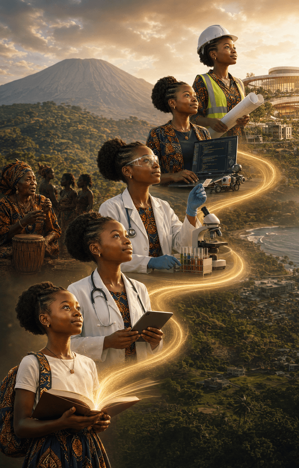 Illustration of a schoolgirl holding an open book from which a road of light rises, passing a doctor with a stethoscope, a scientist at a microscope, a software developer at a laptop beside a robot, and an engineer in a hard hat holding plans, with Mount Cameroon and the coast behind and elders with a drum at the roadside