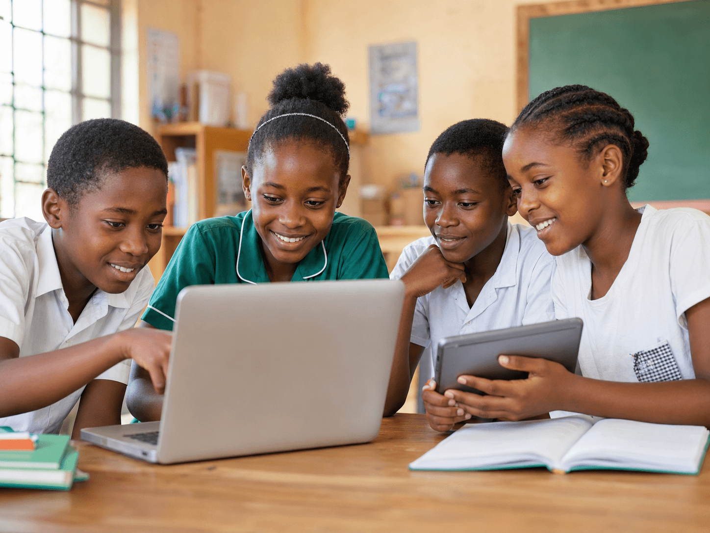 Four school pupils in uniform gathered around a laptop in a classroom, one pointing at the screen, another holding a tablet, with an open exercise book on the desk