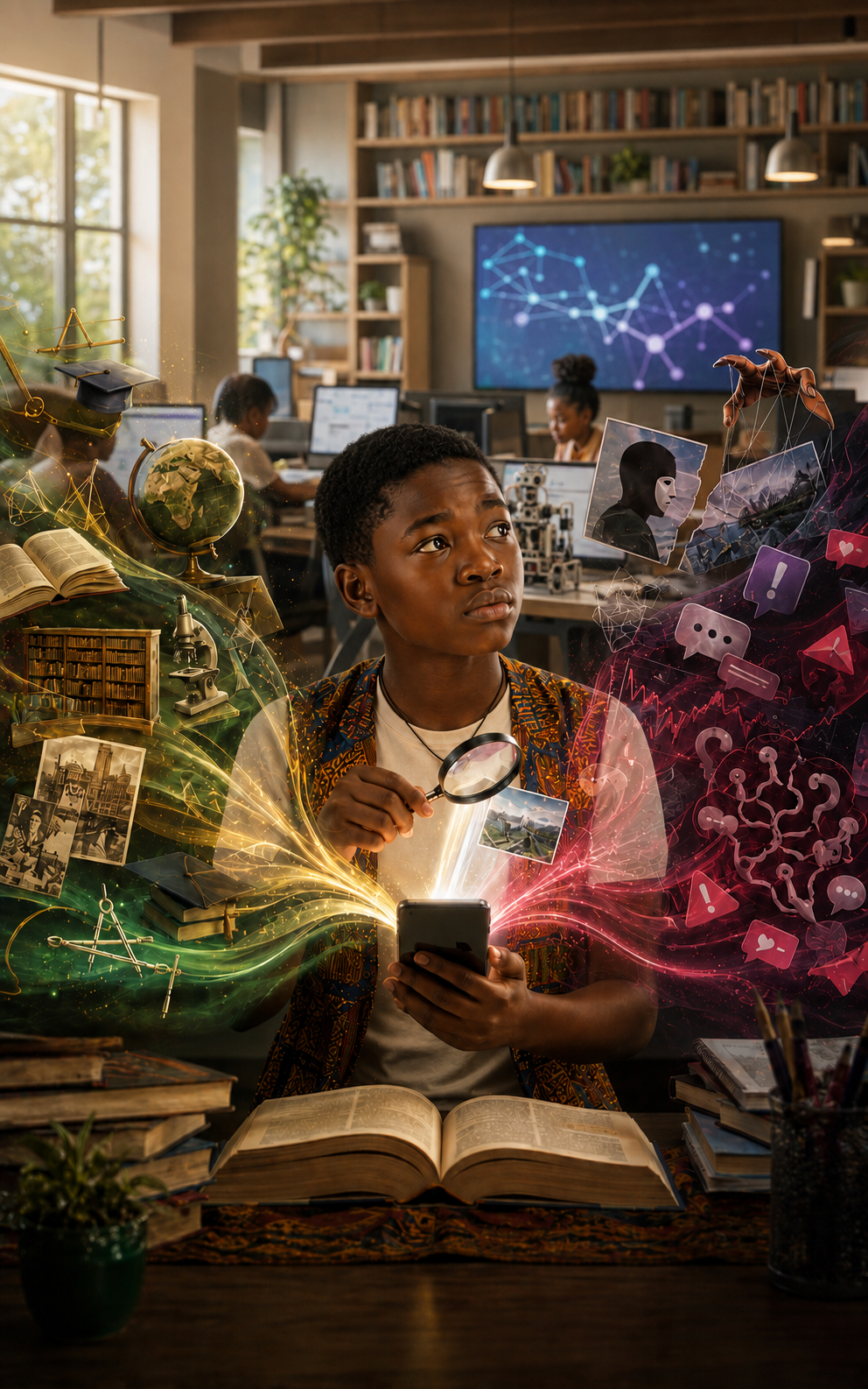 Illustration of a boy holding a phone in a library. From one side of the screen streams a golden flow of books, a globe, a microscope and a graduation cap; from the other a red flow of alarm icons, argument bubbles, a masked figure and tangled question marks