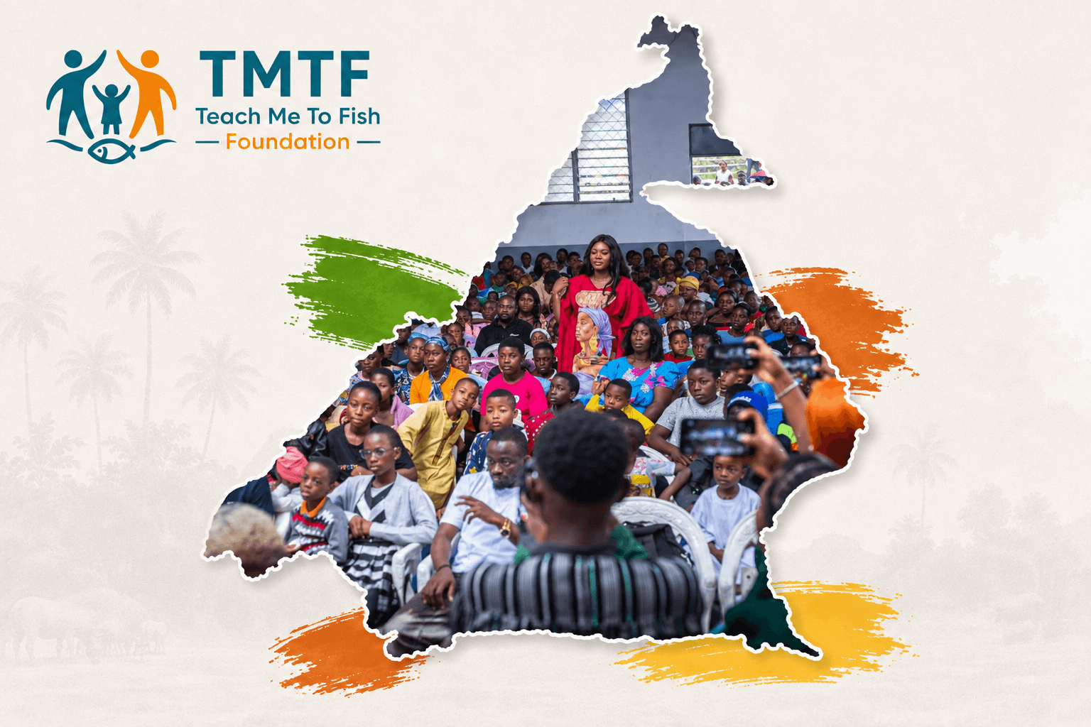 The outline of Cameroon filled with a photograph of a hall packed with children and families at a Back to School event, with the TMTF logo