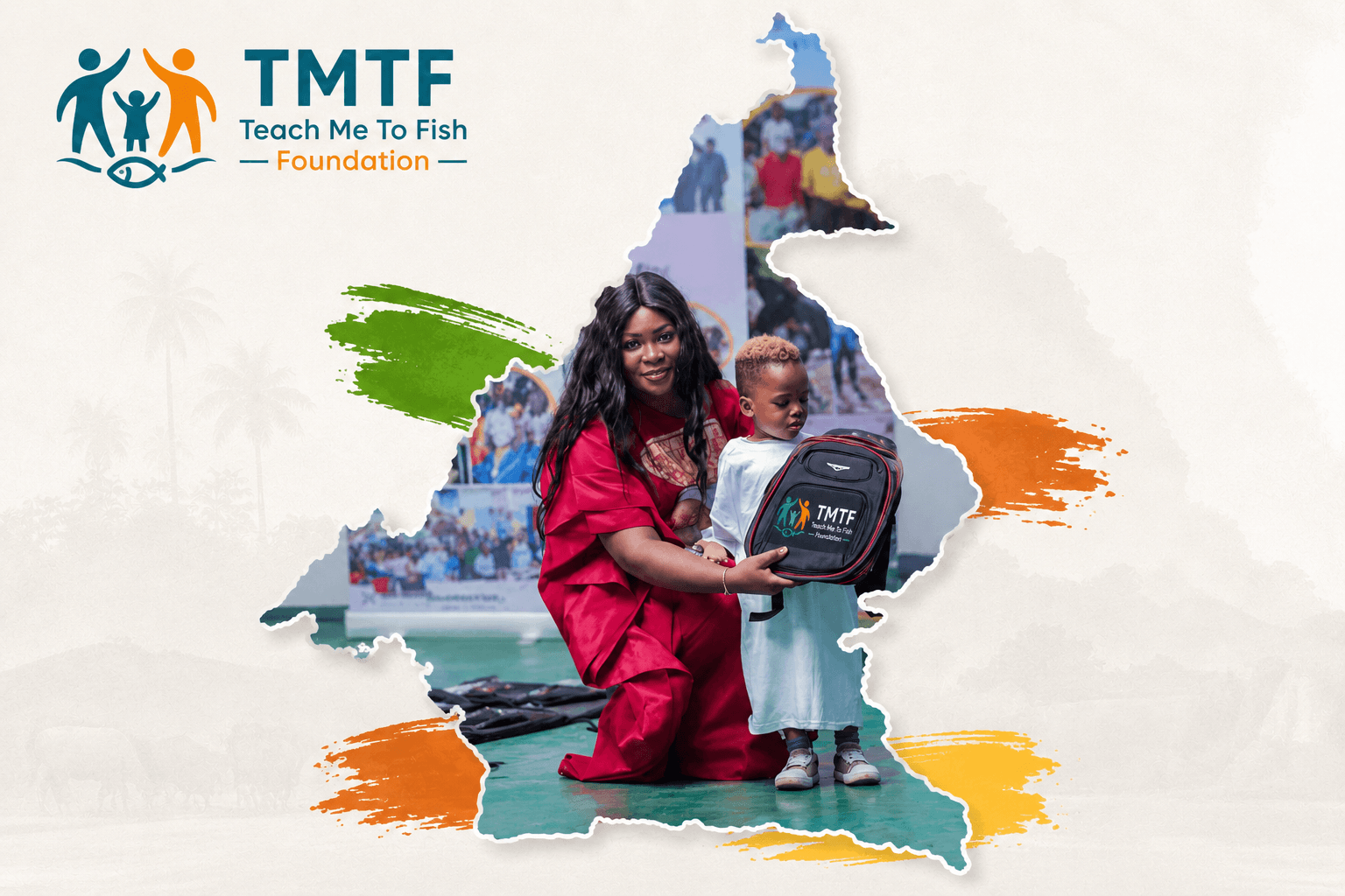 The outline of Cameroon filled with a photograph of the TMTF founder handing a school backpack to a young child, with the TMTF logo